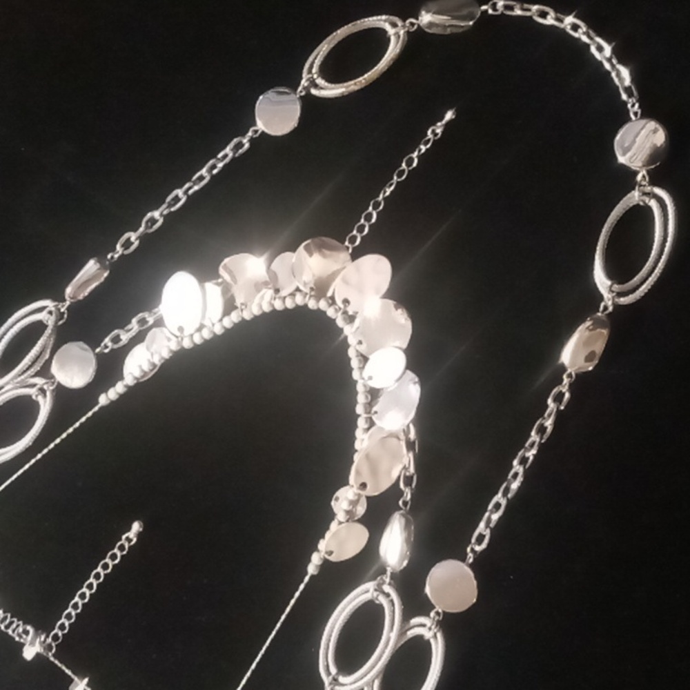 Long and layered silver tone circle link & coin style necklaces both ny & co.